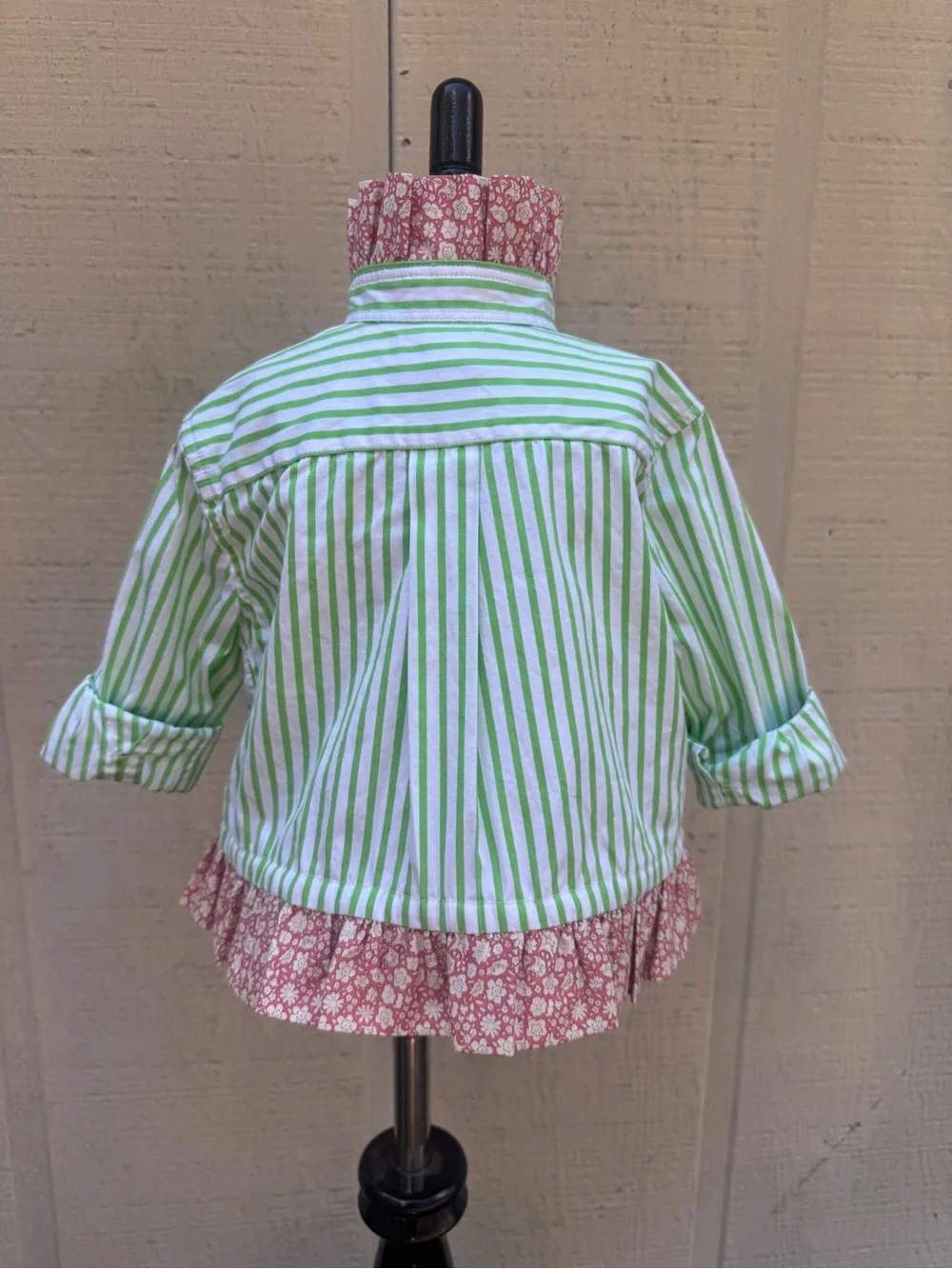 Restyled Ralph Lauren Green Stripe Ruffled Button-Down Kids Shirt w/Pink Logo